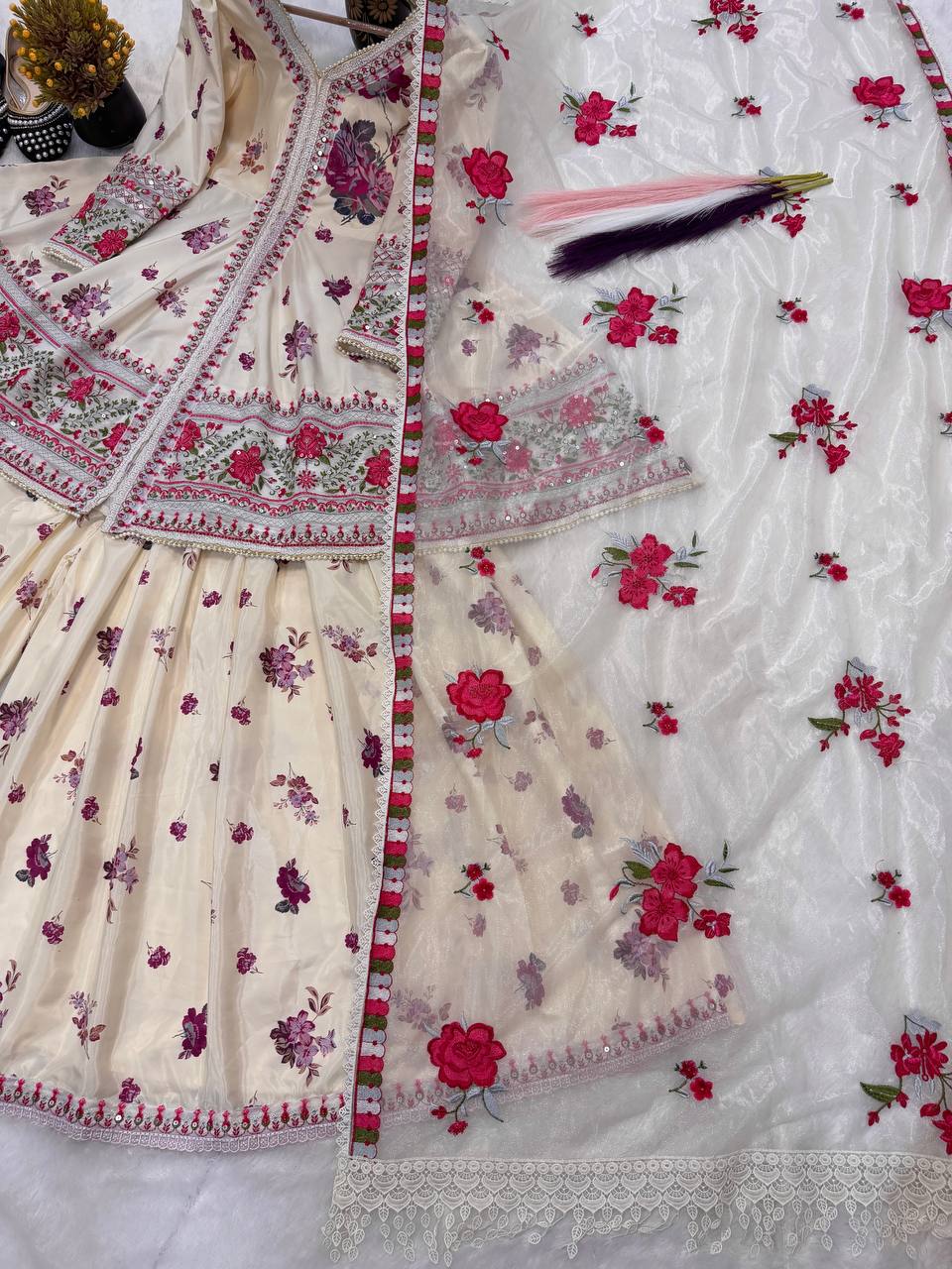 Ivory Beige Floral Couture Sharara Set - Festive Wear